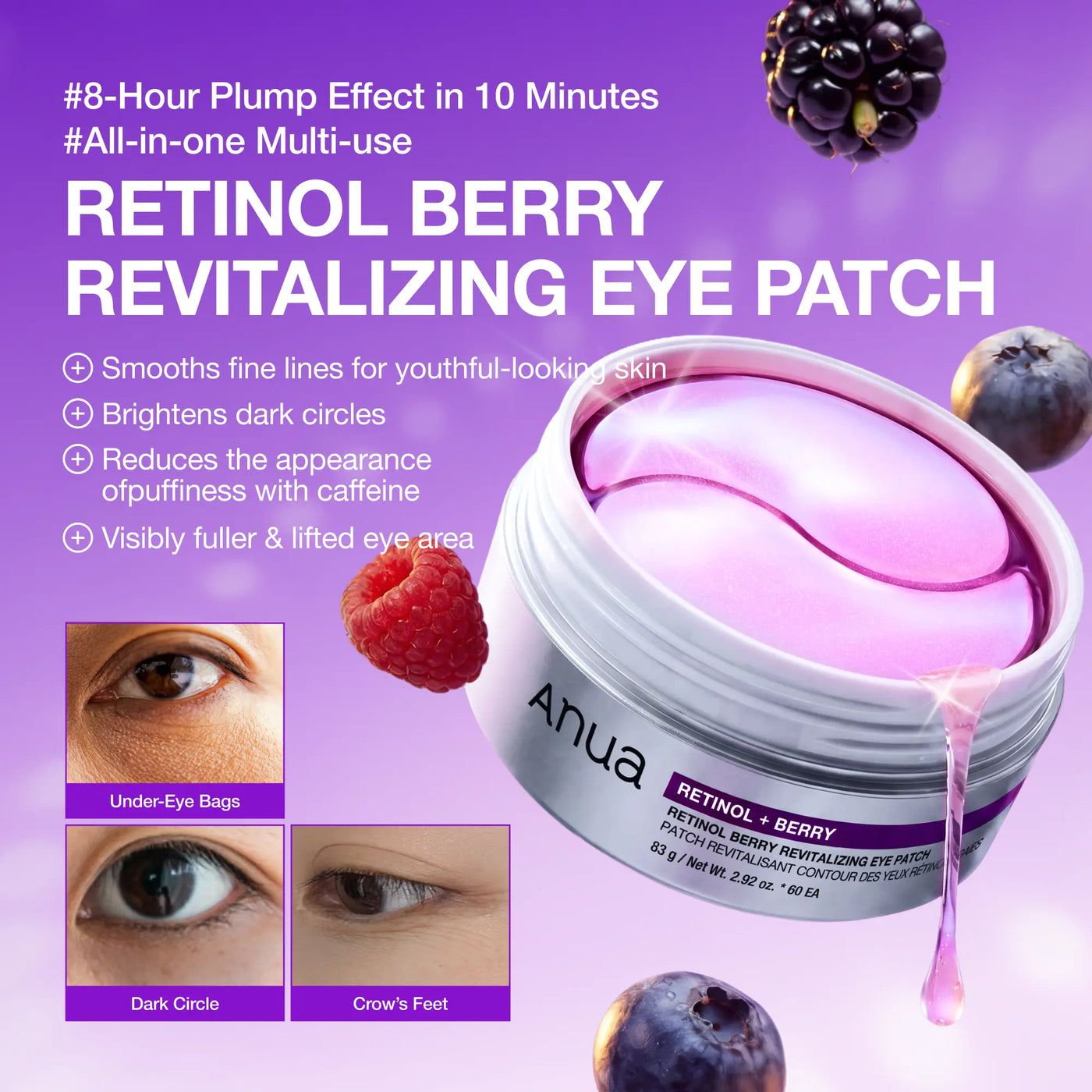 [Anua] Retinol Berry Revitalizing Eye Patch for Wrinkle and Dark Circles(60Ea), 8Hour Plumping Effect in 10 Minutes, Fuller Looking & Lifted Skin, Hyal-Plumping Effect, Brightens Undereye by Antioxidant Berry Extracts, Relieves Puffiness with Caffeine